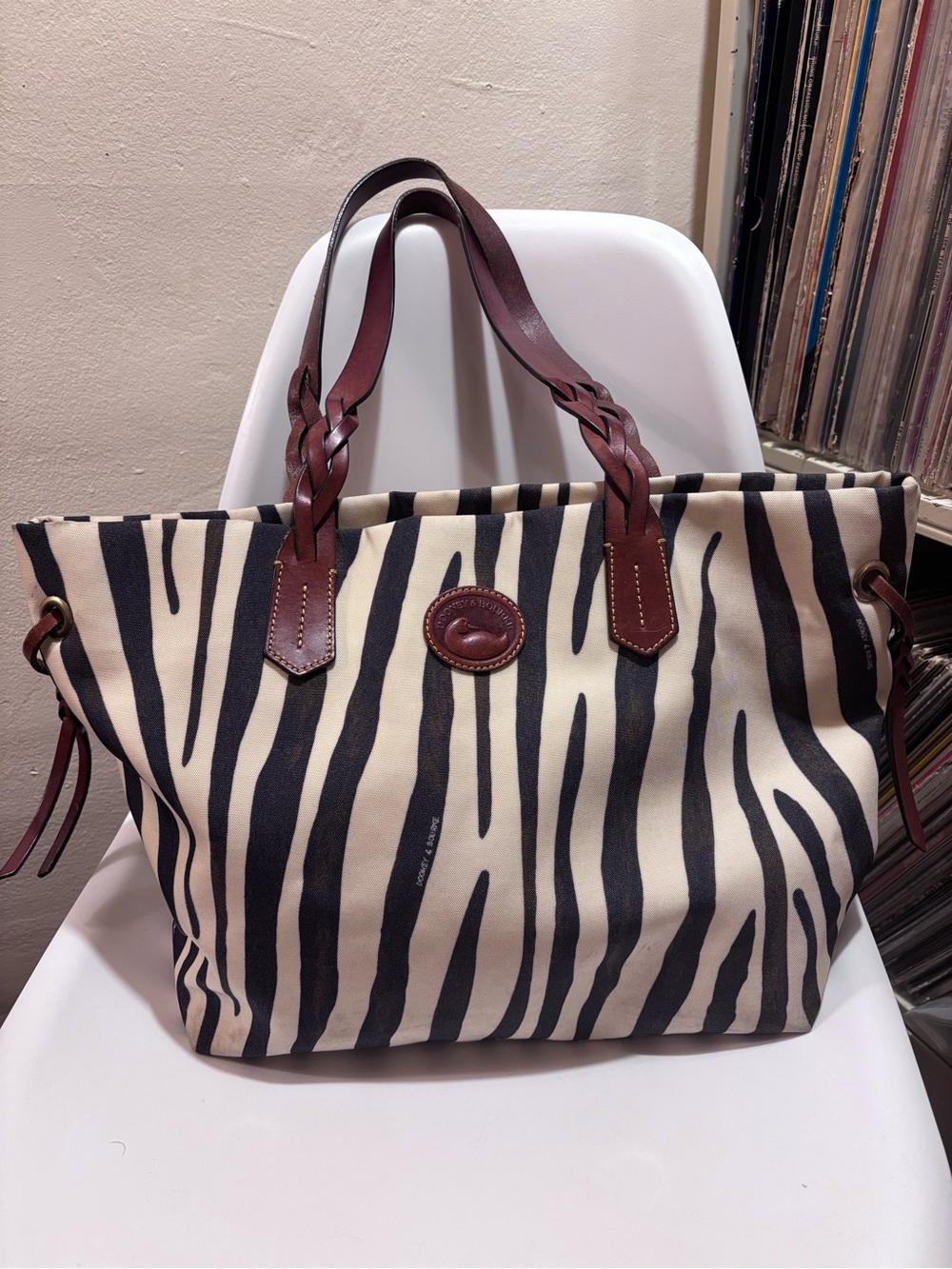 Dooney & Bourke Large Zebra-Print Tote with Brown Leather Shoulder Straps - Picture 1 of 9